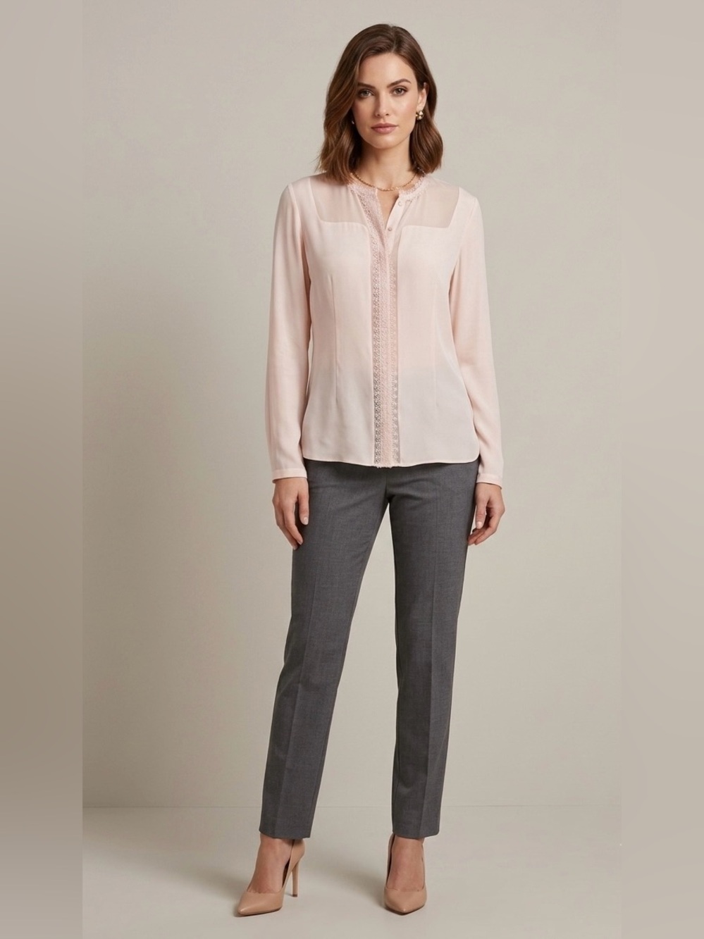 Elie‎ Tahari Pale Pink 100% Silk Blouse Lace Trim Sheer Yoke Long Sleeve Top
